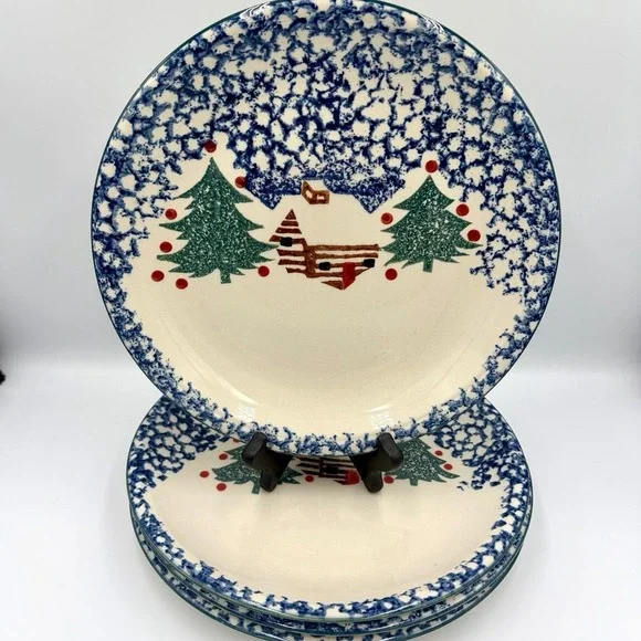 Tienshan Folk Craft Dinner Plate Cabin In The Snow Christmas Red Dots 10-3/8" - Picture 2 of 6